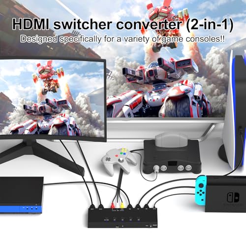 4In to 2Out HDMI/AV Switch (1 AV Input+3 HDMI 2.0 Inputs) RCA to 2Port HDMI Converter for PS1/2/3/4/5, N64, SNES, Switch, DVD, Roku etc. - style: 3HDMI+AV to 2HDMI Converter