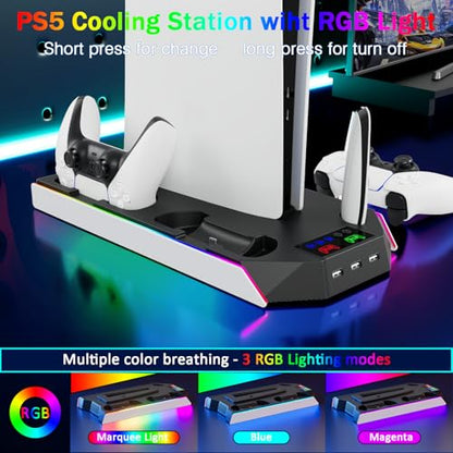 PS5 Stand and Cooling Station with RGB Controller Charging Station for PlayStation 5 Console, PS5/Slim/Pro Controller Charger, PS5 Cooling Stand, PS5/Slim/Pro Accessories Kit with 3 Level Cooler Fan - color: RGB-Black