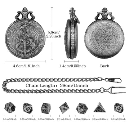 DragonSword D&D Dice Set with Pocket Watch Case, 7PCS Metal Dice Set for DND, Mini Dice with Gifts Case, Role Playing Board Games Accessories Gifts (Black) - color: Black