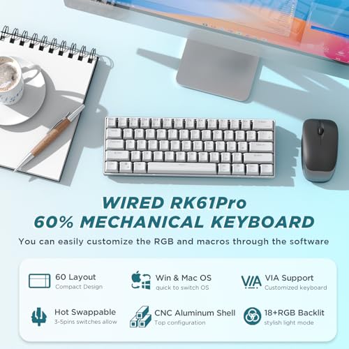 RK ROYAL KLUDGE RK61 Pro 60% Wired Gaming Keyboard, Hot Swappable Mechanical Keyboard with Aluminum Shell, Programmable RGB Backlit PC Game Keyboards 61 Keys, PBT Keycaps, Gateron Red Switch, White - size: red switch