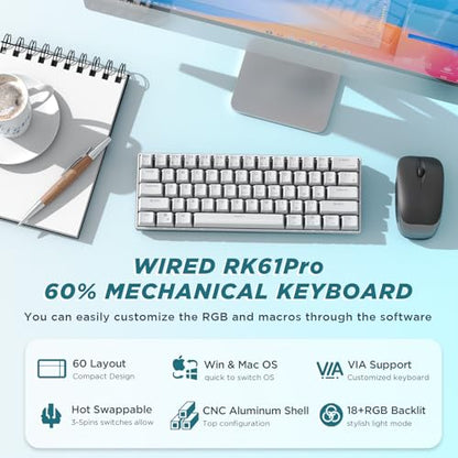 RK ROYAL KLUDGE RK61 Pro 60% Wired Gaming Keyboard, Hot Swappable Mechanical Keyboard with Aluminum Shell, Programmable RGB Backlit PC Game Keyboards 61 Keys, PBT Keycaps, Gateron Red Switch, White - size: red switch