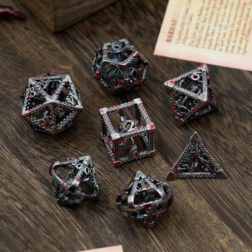 DND Dice Set,3D Octopus Hollow Metal 7-Die,SilverBlood | Lightweight Copper Dice,Easy-To-Read Numbers,engraved numbers,gift box and velvet bag for DND RPG play - color: Bloodstained