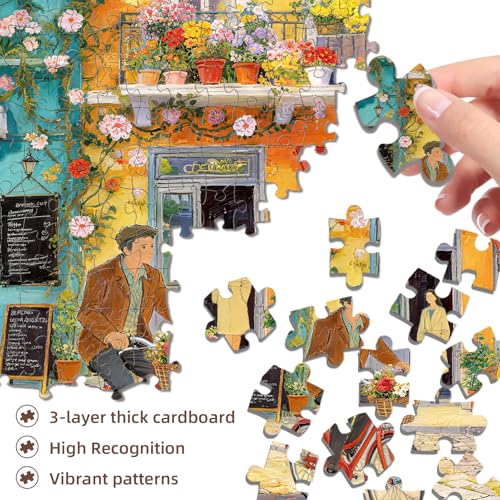 Romantic Cafe Puzzles for Adults 1000 Pieces,27.6x19.7in | Challenging Street Scene Jigsaw Puzzle,No Dust,Recycled Paper,Letters on Back,Stress Relief Gift for Family Games - color: Romantic Cafe