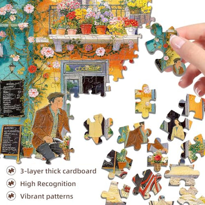 Romantic Cafe Puzzles for Adults 1000 Pieces,27.6x19.7in | Challenging Street Scene Jigsaw Puzzle,No Dust,Recycled Paper,Letters on Back,Stress Relief Gift for Family Games - color: Romantic Cafe