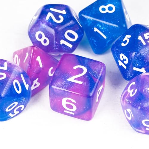 7-Die DND Dice Set Polyhedral Dice Set with a Leather Dice Bag, D&D Dice Set for RPG Table Games (Purple & Blue) - color: Transparent Purple Blue