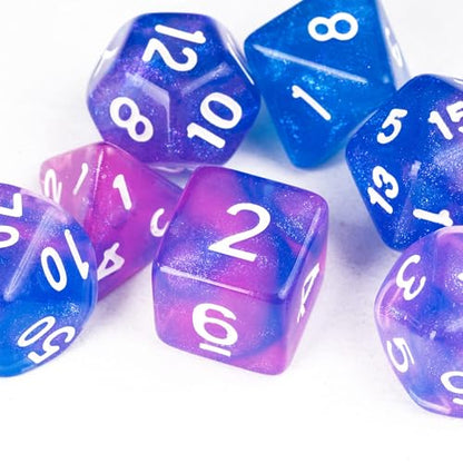 7-Die DND Dice Set Polyhedral Dice Set with a Leather Dice Bag, D&D Dice Set for RPG Table Games (Purple & Blue) - color: Transparent Purple Blue