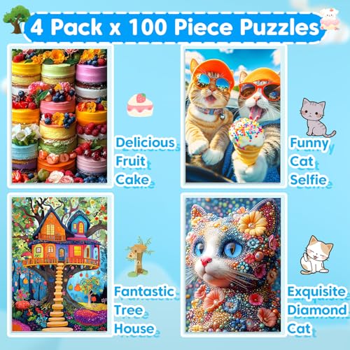 4-Pack 100 Piece Puzzles - Cakes Tree House Cats Puzzle for Kids Ages 4-8 8-10, 100 Piece Jigsaw Puzzle for Adults Seniors Children Learning Educational Puzzles Toys Birthday Xmas Gifts for Girls Boys - style: Cakes Tree House & Cats
