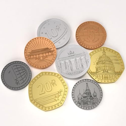 World Order: Metal Coins - 85 Collectible Pieces, Board Game Upgrade Components, Replace Base Cardboard Money, Multiple Denominations, Economic Set - style: Metal Coins