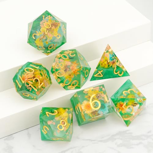 Haxtec Flower DND Dice Set Sharp Edge Resin Polyhedral Dice, Floral D&D Dice with Metal Case, Handmade Flower Inside Dice Set for Dungeons and Dragons TTRPG, Spring Pearl Green DND Gift - color: Green