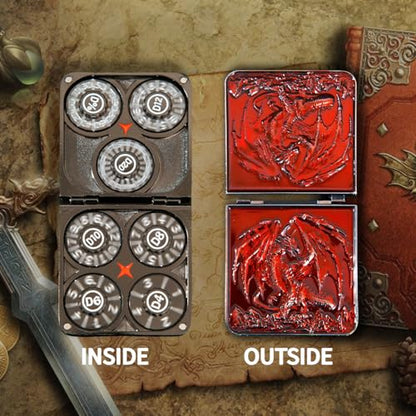 7 in 1 Metal DND Dice Set Spinner dice subitable for Dungeons & Dragons in Magnetic Iron Box（red） - color: Openable-red