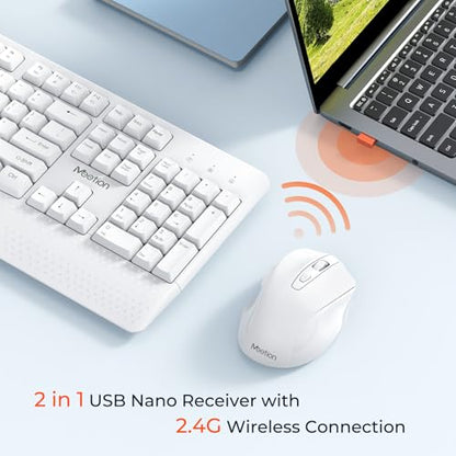 MEETION White Wireless Keyboard and Mouse, 2.4G USB Receiver Plug-and-Play, Computer Keyboard with Wrist Support, 3 Level DPI Mouse, Long Time Lasting Battery for PC/Mac/Windows/Laptop, White - color: White
