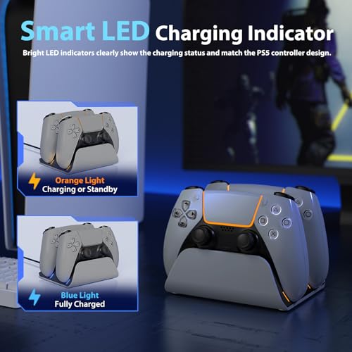 PS5 Controller Charger Station with LED Indicator,Self-Aligning Charging Dock,Dual Controller Fast Charging Dock,Desktop Display Stand for PlayStation 5 (Grey) - color: Grey