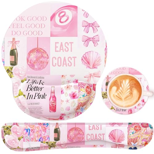 Ergonomic Mouse Pad with Wrist Rest and Keyboard Wrist Rest, Mousepad and Wrist Rest for Computer Keyboard, Pain Relief, Non-Slip Rubber Base, Mouse Pad with Wrist Support for Gaming, Pink Collage - color: Pink Collage