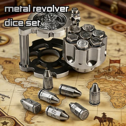 Metal Bullet Polyhedral Dice Set of 7 with Spinning Revolver Cylinder Case - Cyberpunk Style for D&D, RPG, and War-Themed Tabletop Games (Silvery) - color: Bullet Silvery
