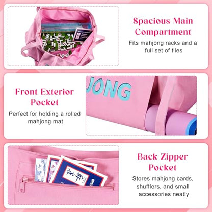 Abbylike 28x9 Inches Mahjong Bag for Rolled Mat Tiles Racks Pushers Accessories Empty Mahjong Tote Bag with Zipper Closure Outer Pockets Lining Large Capacity(Light Pink,Canvas) - color: Light Pink