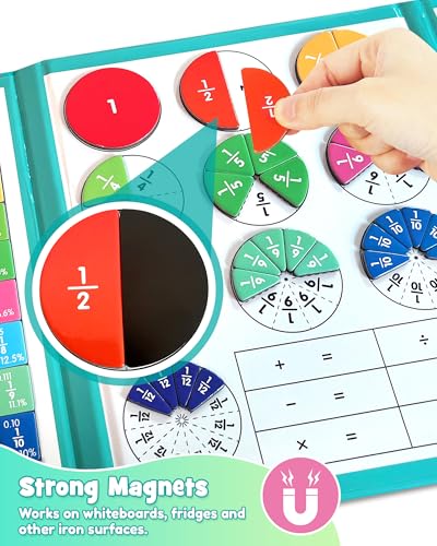 Magnetic Fraction Educational Puzzle, Magnetic Fraction Demonstration Book with Fraction Tiles & Circles, Montessori Fraction Manipulatives for Elementary School, Maths Learning Toys for Kids - color: Turquoise (8.86 X 7.09 In)