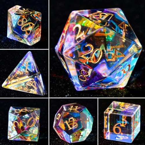 LUCKY-M Rainbow Gemstone Dice DND Dungeons and Dragons Dice Set Handmade RPG Dice D&D Accessories Gift Natural Stone Dice (Rainbow Mirror Crack) - color: 8.rainbow Mirror Crack