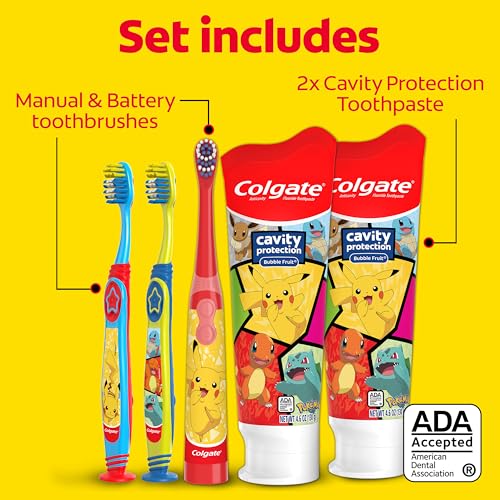 Colgate Kids Pokemon Toothbrush and Kids Toothpaste Gift Set, Includes Pokemon-Themed Battery Toothbrush, 2 Bubblegum Flavored Fluoride Toothpastes, and 2 Manual Toothbrushes - style: Pokemon