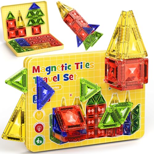 40PCS Magnetic Tiles Travel Storage Diamond Blocks 10% Thicker 3+ | Magnetic tiles with diamond texture & yellow box. Great for travel, car rides, Montessori play & on-the-go fun - size: 40 PCS