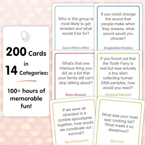 200 Funny Conversation Cards for Adults, Teens & Kids - Family Card Game | All-ages game to laugh and connect; get-to-know-you questions for family & friend game night; hilarious conversation starters
