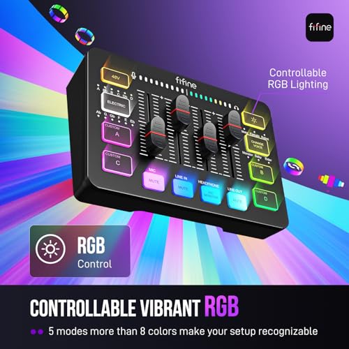 FIFINE Gaming Audio Mixer, Streaming RGB PC Mixer with XLR Microphone Interface, Individual Control, Volume Fader, Mute Button, 48V Phantom Power, for Podcast/Recording/Vocal/Game Voice-AmpliGame SC3 | USB PnP For PC,Mute Button,XLR Preamp,RGB,Voice chang
