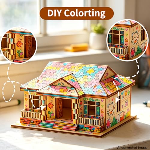 3D Wooden Puzzles for Adults, DIY Miniature Villa Model Kit for Home Decor | Wooden Houses for Beginners,Paintable model building kit, Stress Relief & Screen-Free Activity,Gifts for Friends/Teens - style: One Layer