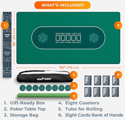 Newverest Poker Table Top 70" x 35", Texas Hold'em Poker Mat for Home Game Nights Up to 10 Players, Casino| Poker Topper Cloth for Tables in Zipper Storage Bag with 8 Coasters in Poker Gift-Ready Box - color: Green