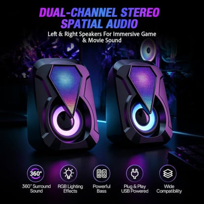 Computer Speakers, Desktop PC Speakers with 6 Colorful RGB Lights, Headphone Jack, Enhanced Bass and Volume Control, USB Powered & 3.5mm Aux Gaming Speakers for Laptop Monitor PC Tablet Phone-1053