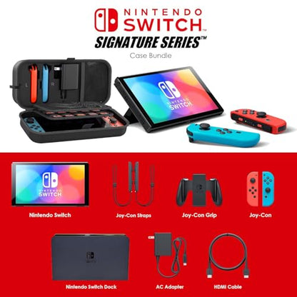 Nintendo Switch OLED with Signature Series Travel Case | Vivid 7” OLED Screen with 64 GB Internal Storage, Enhanced Audio, and Wide Adjustable Stand (Neon Blue and Red) - color: Neon Blue and Red