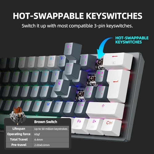 Machenike K500A-B61W 60% Mechanical Wireless Gaming Keyboard, 61 Keys Ultra-Compact Hot Swappable Linear Brown Switch, Dynamic RGB Backlit, Anti-Ghosting, Double-Shot PBT Keycaps, Win/Mac, White