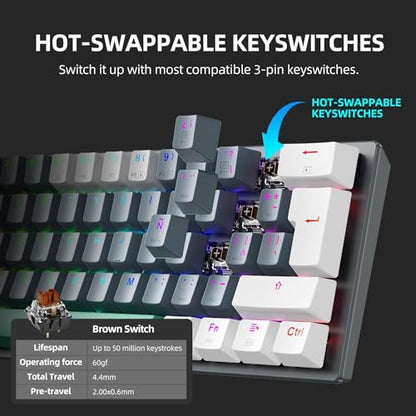 Machenike K500A-B61W 60% Mechanical Wireless Gaming Keyboard, 61 Keys Ultra-Compact Hot Swappable Linear Brown Switch, Dynamic RGB Backlit, Anti-Ghosting, Double-Shot PBT Keycaps, Win/Mac, White