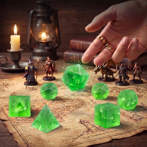 Matte Green 7Pcs Polyhedral Dice Set, K9 Crystal Cat's Eye Multi-Faceted DND Dice for Dungeons and Dragons RPG Tabletop Game (Matte Green) - color: Matte Green