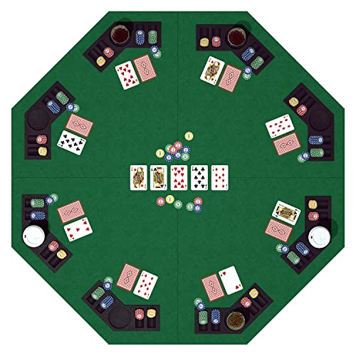48 Inch Foldable Poker Table Top Octagon with Chips Tray & Cup Holders | Professional 8 Players Texas Hold’em Poker Table Topper Felt Mat Layout with Carrying Bag for Card Casino Games - color: Green
