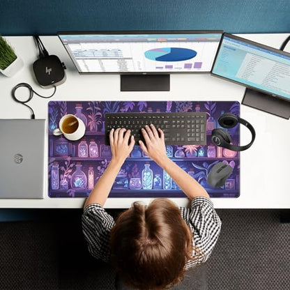 Cute Cozy Purple Gaming Desk Mat, Mystical Potion Bottles Mouse Pad XXL Large Extended Aesthetic Apothecary Shelf Desk Pad, Fun Computer Desktop Pad Mat Laptop Keyboard and Mouse Mat 31.5x15.7 in - color: Purple Potion Bottles