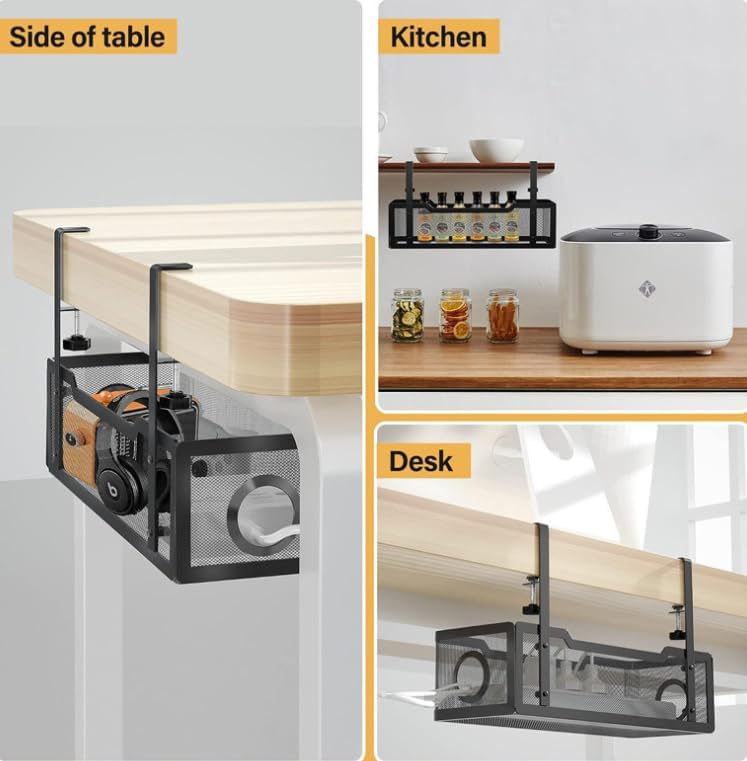 Under Desk Cable Management Tray with Clamp – No Drill Wire Organizer for Office & Home, Cord Management Box – No Damage to Desk