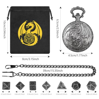Mini DND Dice Set, Steampunk Winged Dragon Pocket Watch Shell Case, 7-Piece Polyhedral Metal D&D Dice, DND Gift Bag with Dragon Logo, Role Play Board Game Accessories, Dark Silver - color: Dark Silver