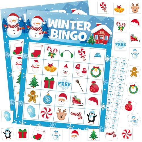 Blosssound 24 Players Christmas Bingo Games Christmas Snowman Bingo Cards Winter Holiday Party Games Xmas Party Favors Supplies for Family Large Group Classroom Indoor Home Activities - style: Christmas Snowman