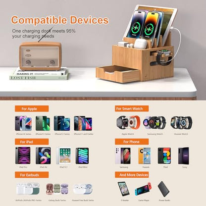 Pezin & Hulin Multi Device Charging Station with Drawer & USB Charger | All in One Dock Organizer with Large Storage, Bamboo Rack for Phones, Tablets, Watch, Earbuds (Charger & 5 Cables Included) - color: #2 (With Charger)