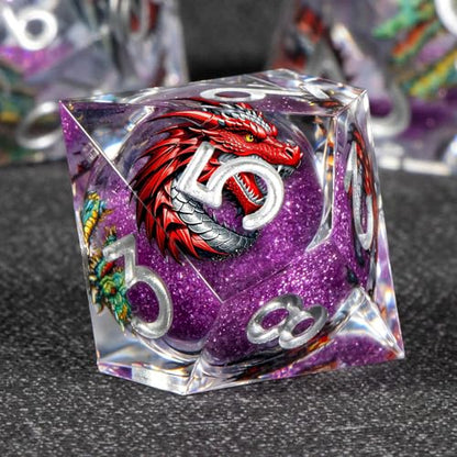 KERWELLSI Liquid Core Dragons Pattern Dice, Resin DND Dice Set with Gift Box, Purple Sharp Edged Dungeons D&D Dice, Role Playing Game Dice D20 D12 D10 D8 D6 D4 - color: Purple
