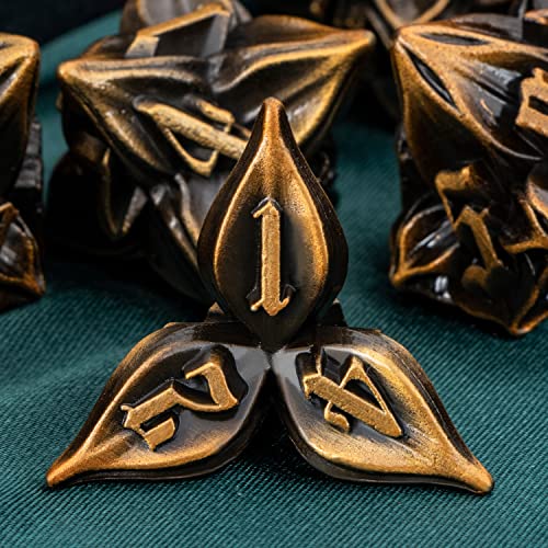 ARUOHHA DND Metal Dice Set Ancient Gold Leaf Design Polyhedral Dice with Box, 7PCS D and D Dice RPG Role Playing Games D20 D12 D10 D8 D6 - color: Leaves- Ancient Gold