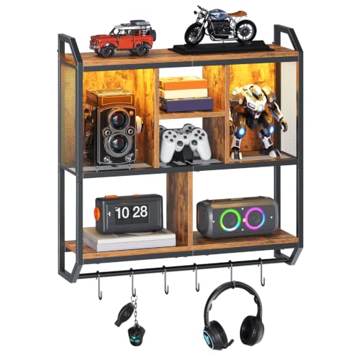 HOOBRO Gaming Floating Shelf with LED Lights, 28.7" LED Wall Mounted Shelf, 3-Tier Display Rack for Wall Storage, Floating Rack with Hanging Rod and 6 S-Hooks, Rustic Brown and Black BF70DBJ01 - color: Rustic Brown + Black