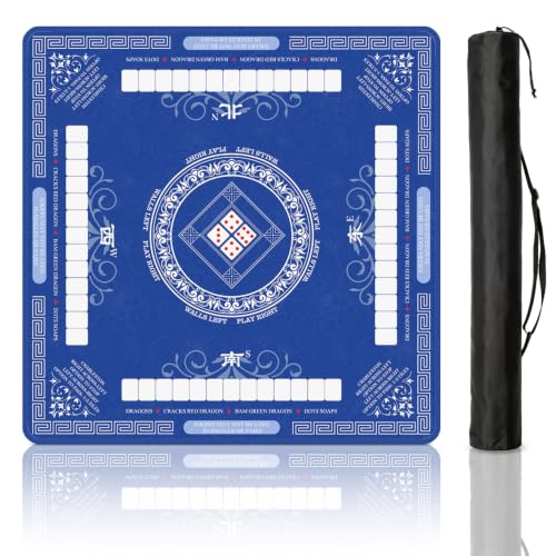 Mahjong Mat for Table with Rules, 31.5" x 31.5" Noise Reduction Non Slip Waterproof Mah Jong Table Mat with Carrying Bag, Suitable for Mahjong, Poker, Board Games, Dominoes, and Card Games - color: Blue White
