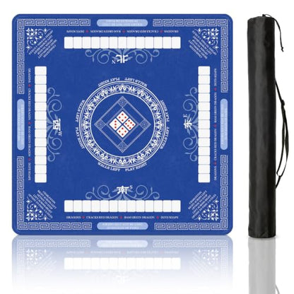 Mahjong Mat for Table with Rules, 31.5" x 31.5" Noise Reduction Non Slip Waterproof Mah Jong Table Mat with Carrying Bag, Suitable for Mahjong, Poker, Board Games, Dominoes, and Card Games - color: Blue White