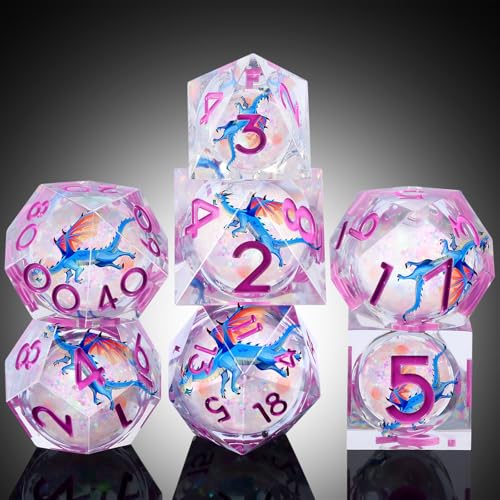 DNDND Blue Dragon Dice with Pink Numbers | Liquid Core 7-Piece Sharp Edge D&D Dice Set | Dragon Themed Collectible Metal Case | RPG Tabletop Gaming Gift - color: Liquid Dragon Ancient