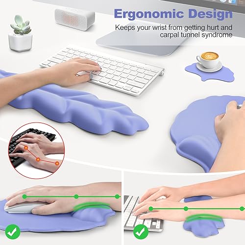 Keyboard Wrist Rest and Mouse Pad with Wrist Support Set, Ergonomic Leaf Shape Mouse Pad with Non-Slip Base, Pain Relief Memory Foam Mousepad for Computer,Laptop,Home Office, Purple - color: Purple
