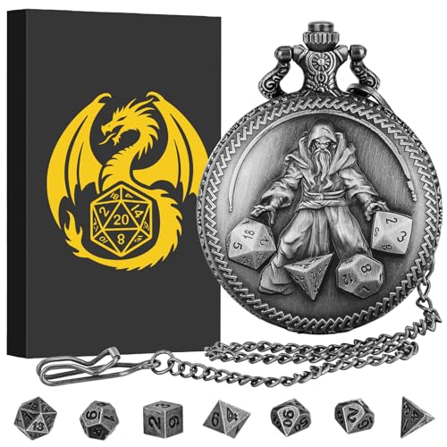 Mini DND Dice Set, Hand Held Dice Wizard Pocket Watch Shell Case, 7 Piece Polyhedral Metal D&D Dice Set, DND Gifts with Gift Box, Role Playing Board Game Accessories, Dark Silver - color: Dark Silver
