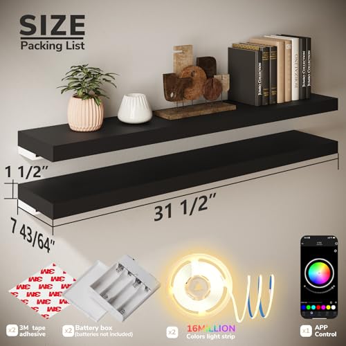 BAMEOS Floating Shelves with RGB LED, 31" Wall Mounted Wooden Shelves with Invisible Brackets, Set of 2, Hanging Wall Shelves for Bedroom, Bathroom, Living Room and Kitchen (Black) - color: Black-rgb, size: 31 x 7
