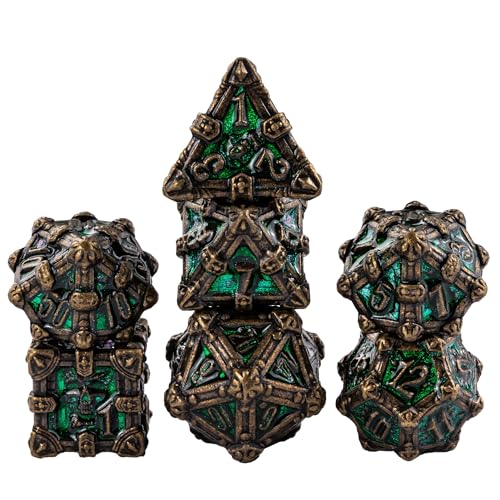 Metal Skull Dice Set with Skull Bag,7PCS Polyhedral Metal Dice Set for DND Role Playing Games(Bronze Green) - color: Skull Bronze Green