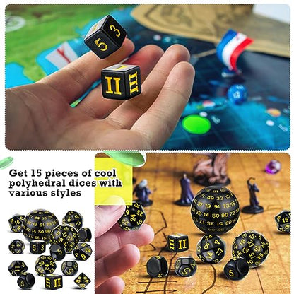 Civaner 15 Pcs Complete Polyhedral Dice Set D3-D100 Spherical RPG Dice Set in Opaque Black, 100 Sides for Role Playing Table Games Party Supplies(Black and Yellow) - color: Black and Yellow