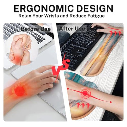 Arttown Keyboard Mouse Pad Set, 4 in 1 Desk Mat Set Ocean Beach | Summer Sea Wave Large Mousepad+Keyboard Wrist Rest+Mouse Wrist Rest+Coaster Ergonomic Design for Home Office Computer - color: Sunset Beach 2
